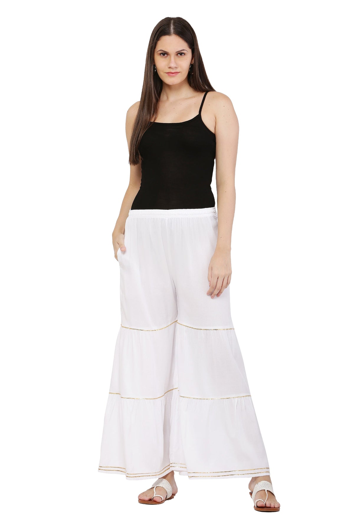 PAVONINE White Color 3-Panels Golden Gota Flared Sharara For Women | Grocsy