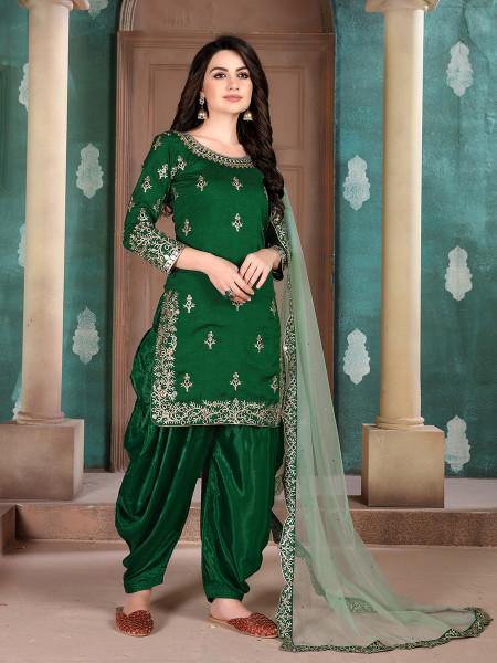 Myra Beautiful Green Art Silk Embroidered Patiyala Suit | Grocsy