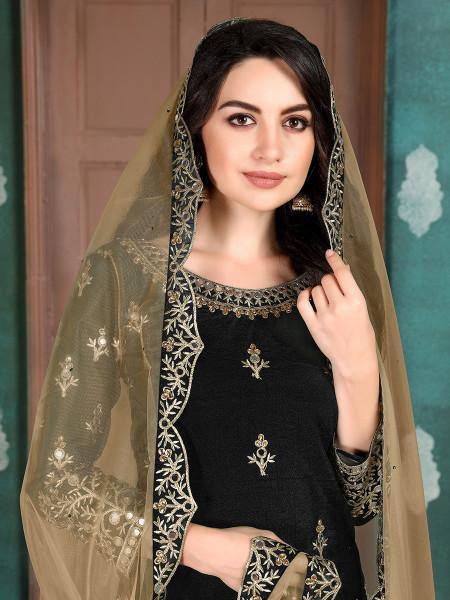 Myra Black Art Silk Embroidered Patiyala Suit | Grocsy