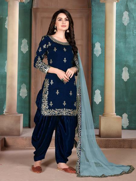 Myra Navy Blue Art Silk Embroidered Patiala Suit | Grocsy
