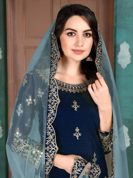 Myra Navy Blue Art Silk Embroidered Patiala Suit | Grocsy