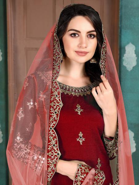 Myra Red Art Silk Embroidered Patiala Suit | Grocsy