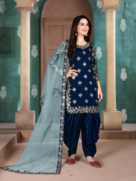 Myra Navy Blue Art Silk Embroidered Traditional Patiala Suit | Grocsy