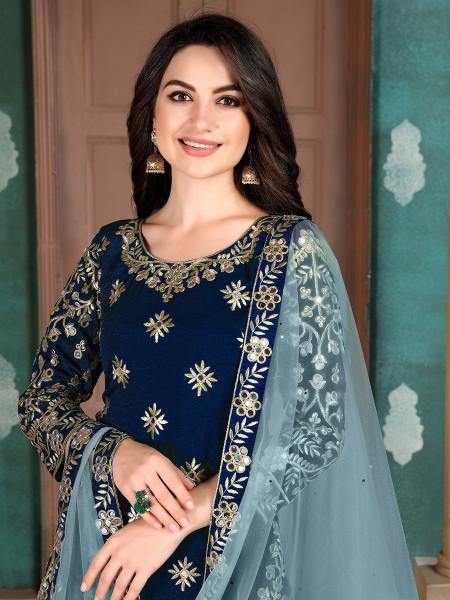 Myra Navy Blue Art Silk Embroidered Traditional Patiala Suit | Grocsy