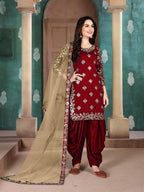 Myra Red Blue Art Silk Embroidered Patiala Suit | Grocsy