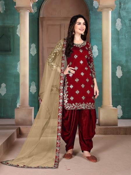 Myra Red Blue Art Silk Embroidered Patiala Suit | Grocsy