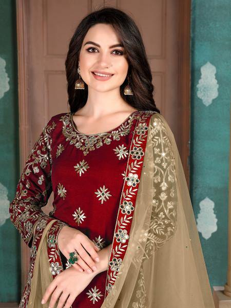 Myra Red Blue Art Silk Embroidered Patiala Suit | Grocsy