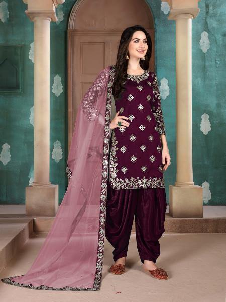 Myra Wine Art Silk Embroidered Patiyala Suit | Grocsy