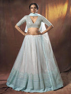Myra Light Blue Embroidered Soft Net Lehenga | Grocsy