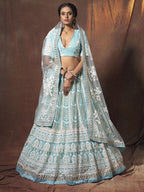 Myra Baby Blue Embroidered Soft Net Lehenga | Grocsy