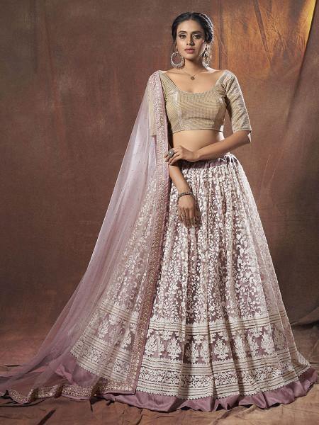 Myra Lilac Embroidered Soft Net Lehenga | Grocsy