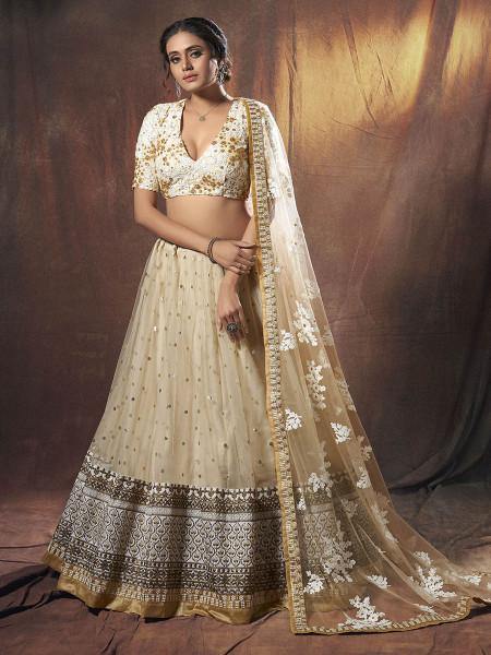Myra Beige Embroidered Soft Net Lehenga | Grocsy