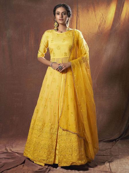 Myra Lime Yellow Embroidered Georgette Lehenga | Grocsy