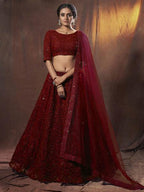 Myra Maroon Embroidered Soft Net Lehenga | Grocsy
