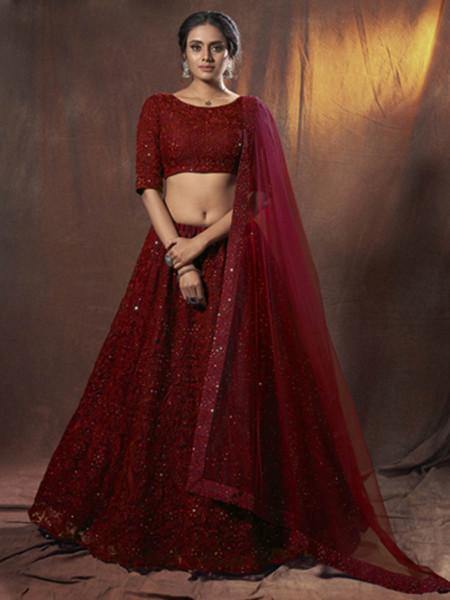 Myra Maroon Embroidered Soft Net Lehenga | Grocsy
