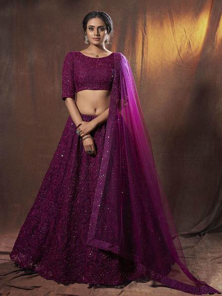 Myra Wine Embroidered Soft Net Lehenga | Grocsy