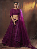 Myra Wine Embroidered Soft Net Lehenga | Grocsy