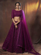 Myra Wine Embroidered Soft Net Lehenga | Grocsy