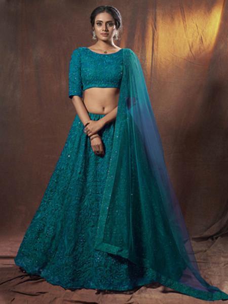 Myra Beautiful Rama Embroidered Soft Net Lehenga | Grocsy