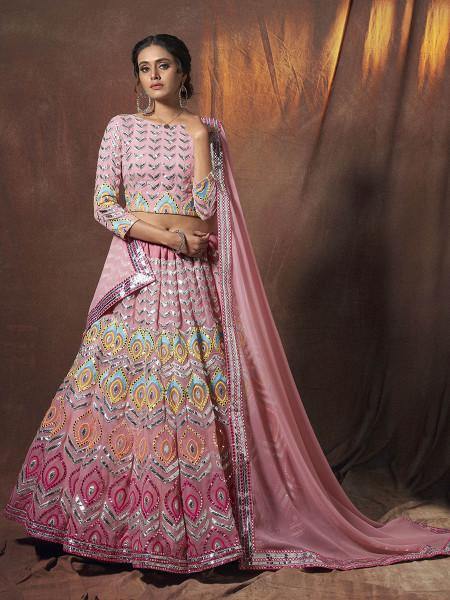 Myra Peach Embroidered Georgette Lehenga | Grocsy