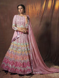 Myra Peach Embroidered Georgette Lehenga | Grocsy