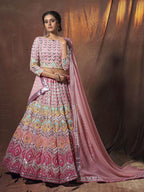 Myra Peach Embroidered Georgette Lehenga | Grocsy