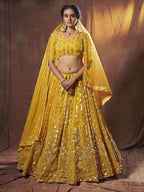 Myra Yellow Embroidered Georgette Lehenga | Grocsy