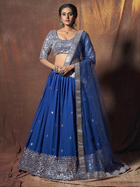 Myra Blue Embroidered Georgette Lehenga | Grocsy