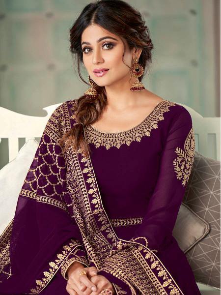 Myra Wine Embroidered Real Georgette Anarkali Suit | Grocsy