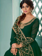 Myra Green Embroidered Real Georgette Anarkali Suit | Grocsy