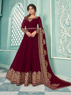 Myra Maroon Embroidered Real Georgette Anarkali Suit | Grocsy