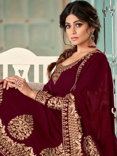 Myra Maroon Embroidered Real Georgette Anarkali Suit | Grocsy