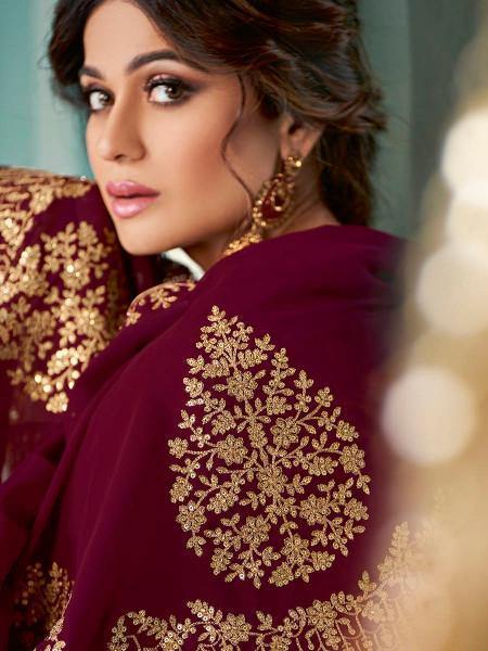 Myra Maroon Embroidered Real Georgette Anarkali Suit | Grocsy