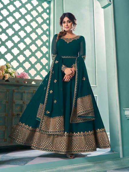 Myra Teal Embroidered Real Georgette Anarkali Suit | Grocsy