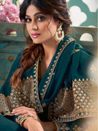 Myra Teal Embroidered Real Georgette Anarkali Suit | Grocsy