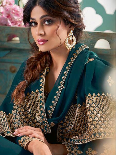 Myra Teal Embroidered Real Georgette Anarkali Suit | Grocsy