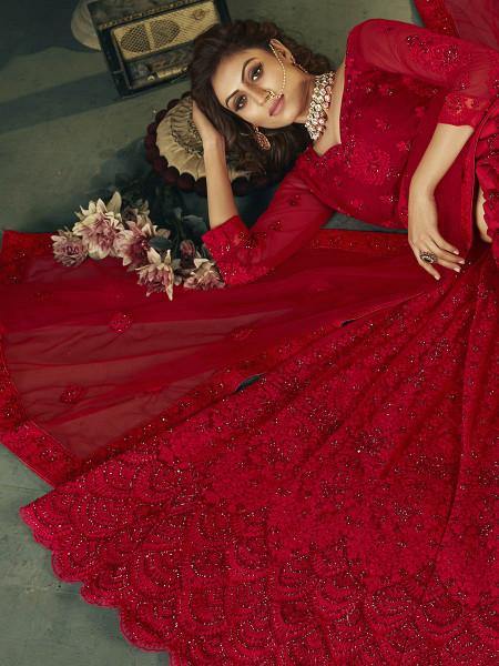 Myra Beautiful Red Heavy Embroidered Net Bridal Lehenga | Grocsy