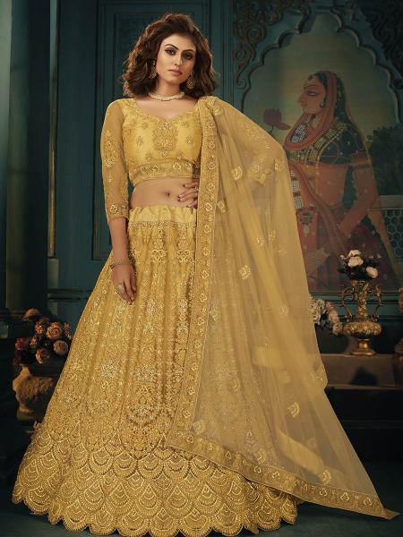 Myra Beautiful Mustard Yellow Heavy Embroidered Net Bridal Lehenga | Grocsy