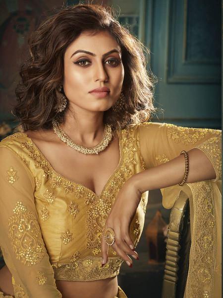 Myra Beautiful Mustard Yellow Heavy Embroidered Net Bridal Lehenga | Grocsy