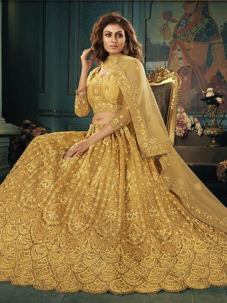 Myra Beautiful Mustard Yellow Heavy Embroidered Net Bridal Lehenga | Grocsy