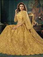 Myra Beautiful Mustard Yellow Heavy Embroidered Net Bridal Lehenga | Grocsy