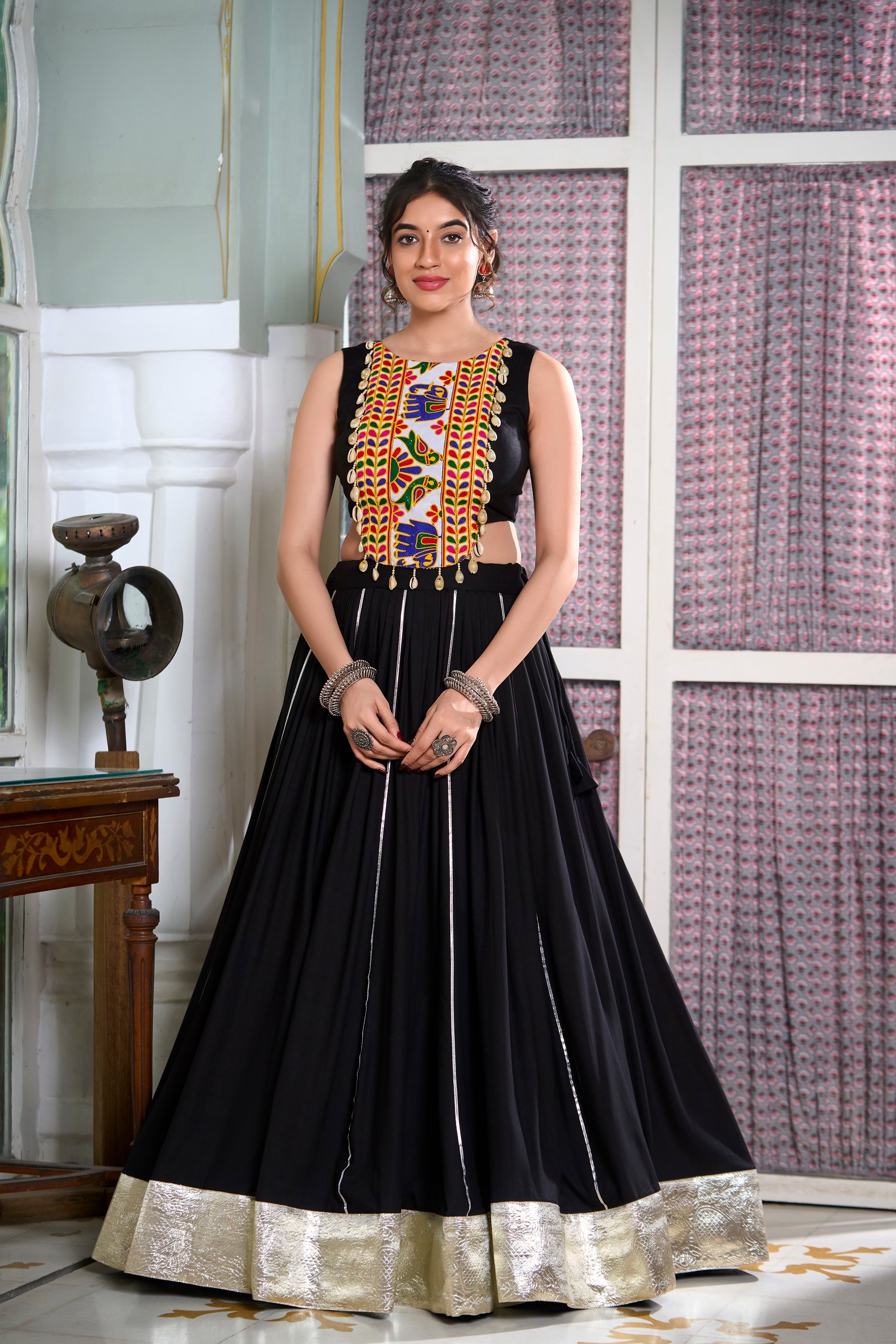 Lorenvalley Black Rayon Plain And Lace Border With Gotta Patti Touch Up Lehenga Choli | Grocsy