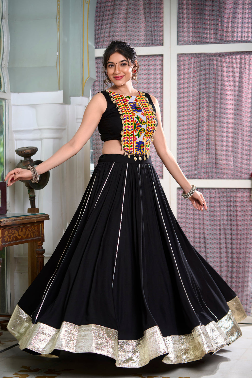 Lorenvalley Black Rayon Plain And Lace Border With Gotta Patti Touch Up Lehenga Choli | Grocsy