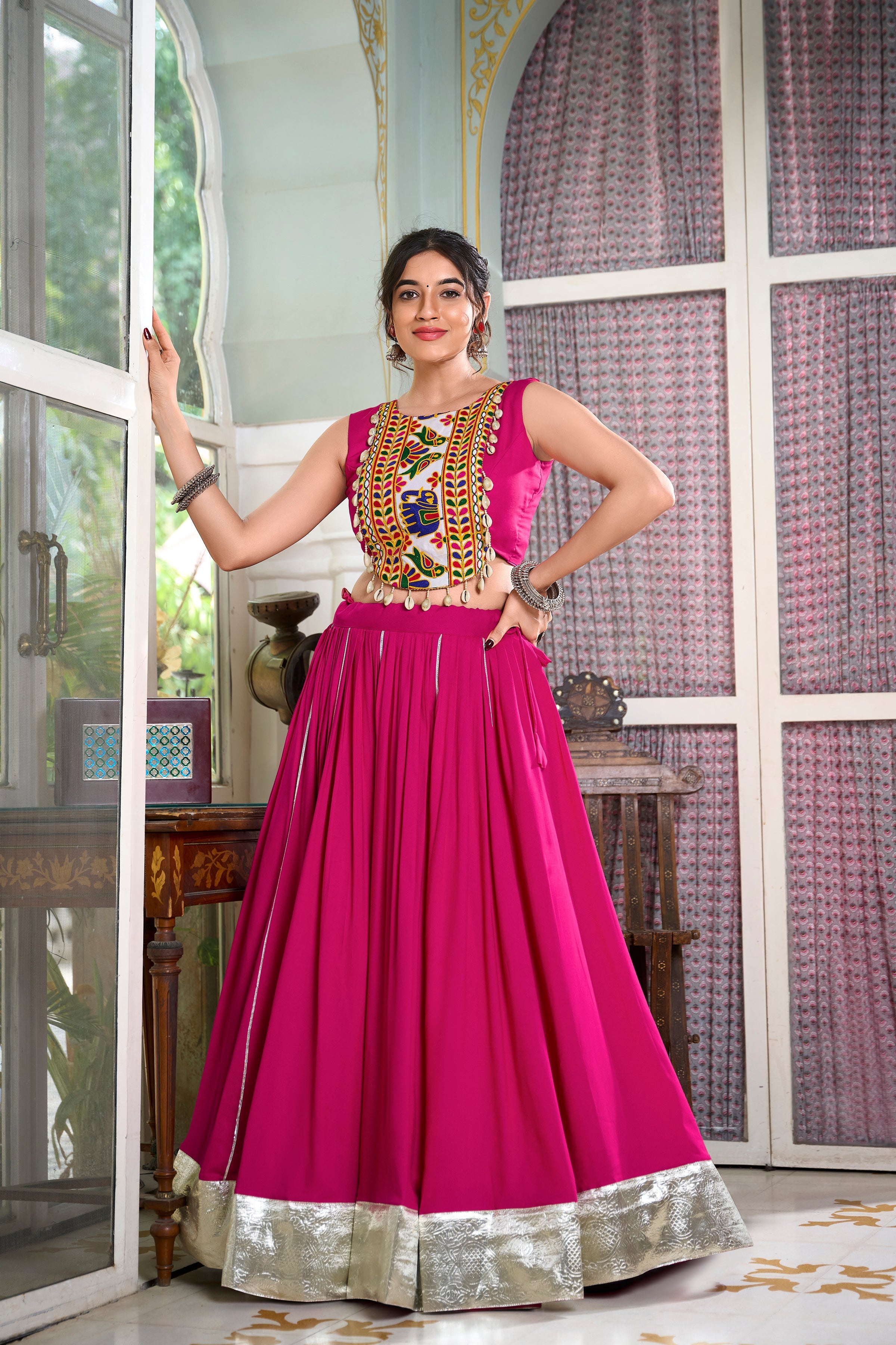 Lorenvalley Pink Rayon Plain And Lace Border With Gotta Patti Touch Up Lehenga Choli | Grocsy