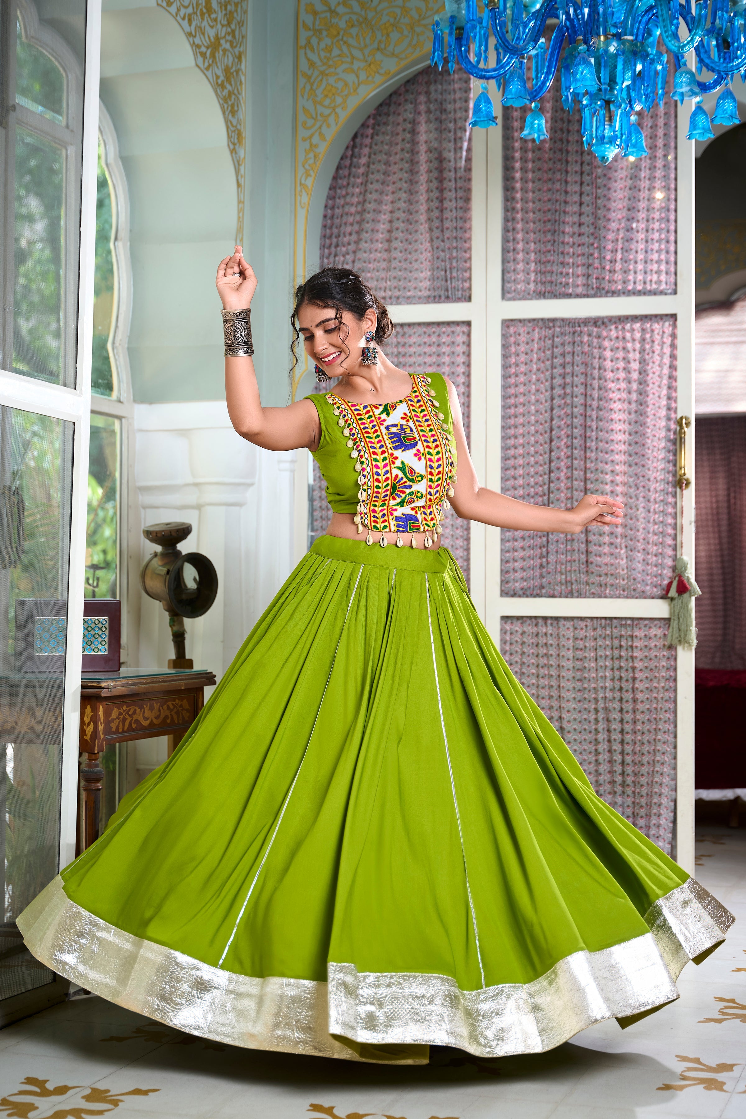 Lorenvalley Parotgreen Rayon Plain And Lace Border With Gotta Patti Touch Up Lehenga Choli | Grocsy