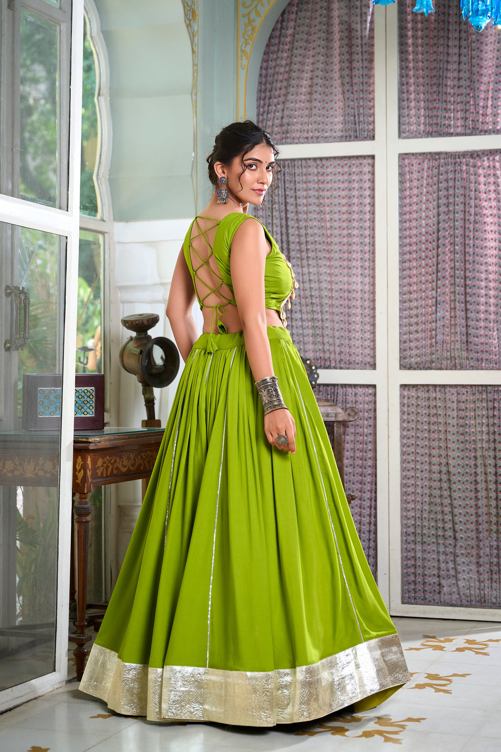 Lorenvalley Parotgreen Rayon Plain And Lace Border With Gotta Patti Touch Up Lehenga Choli | Grocsy