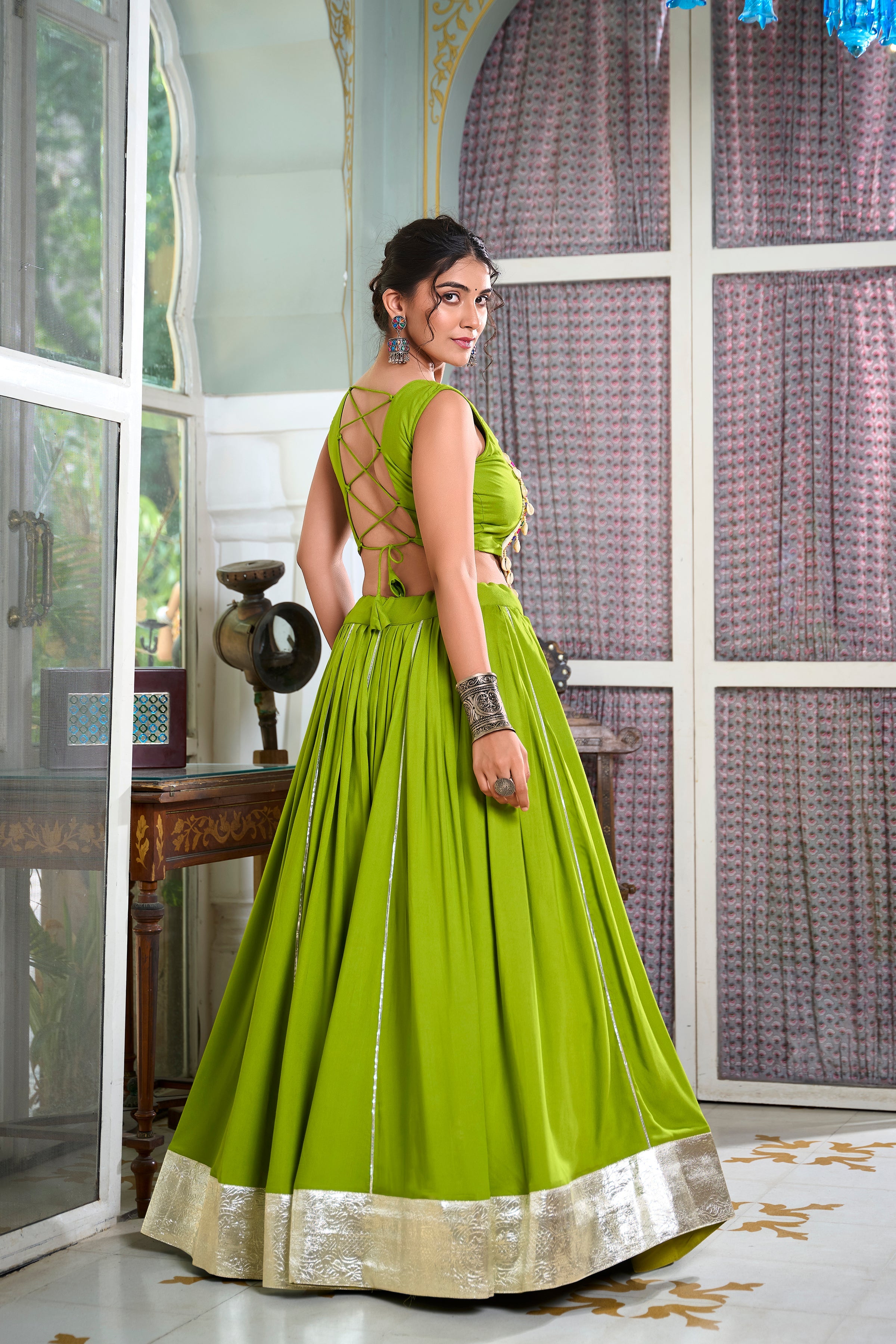 Lorenvalley Parotgreen Rayon Plain And Lace Border With Gotta Patti Touch Up Lehenga Choli | Grocsy