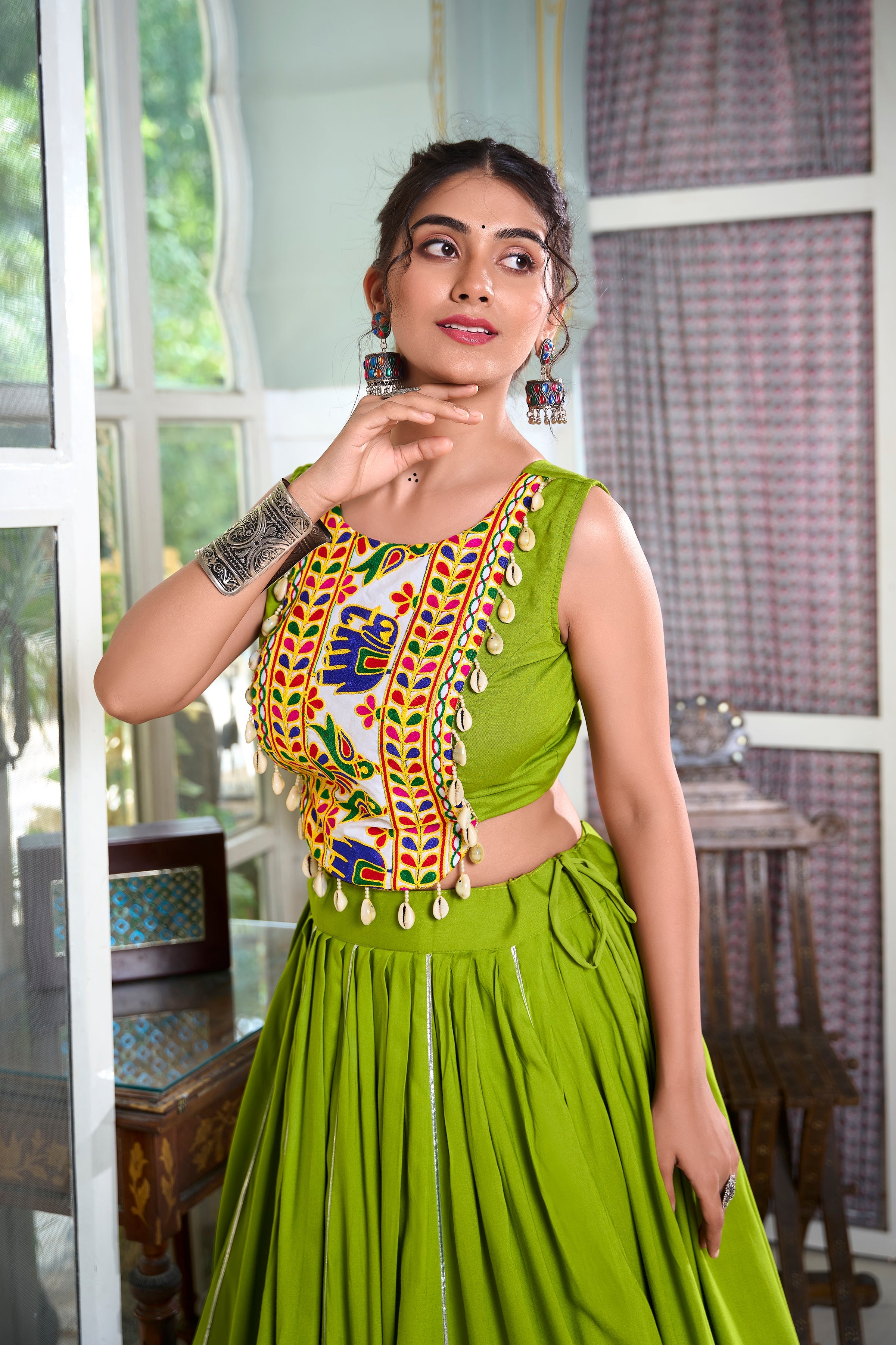 Lorenvalley Parotgreen Rayon Plain And Lace Border With Gotta Patti Touch Up Lehenga Choli | Grocsy