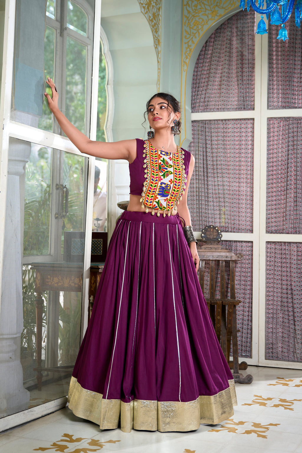 Lorenvalley Wine Rayon Plain And Lace Border With Gotta Patti Touch Up Lehenga Choli | Grocsy