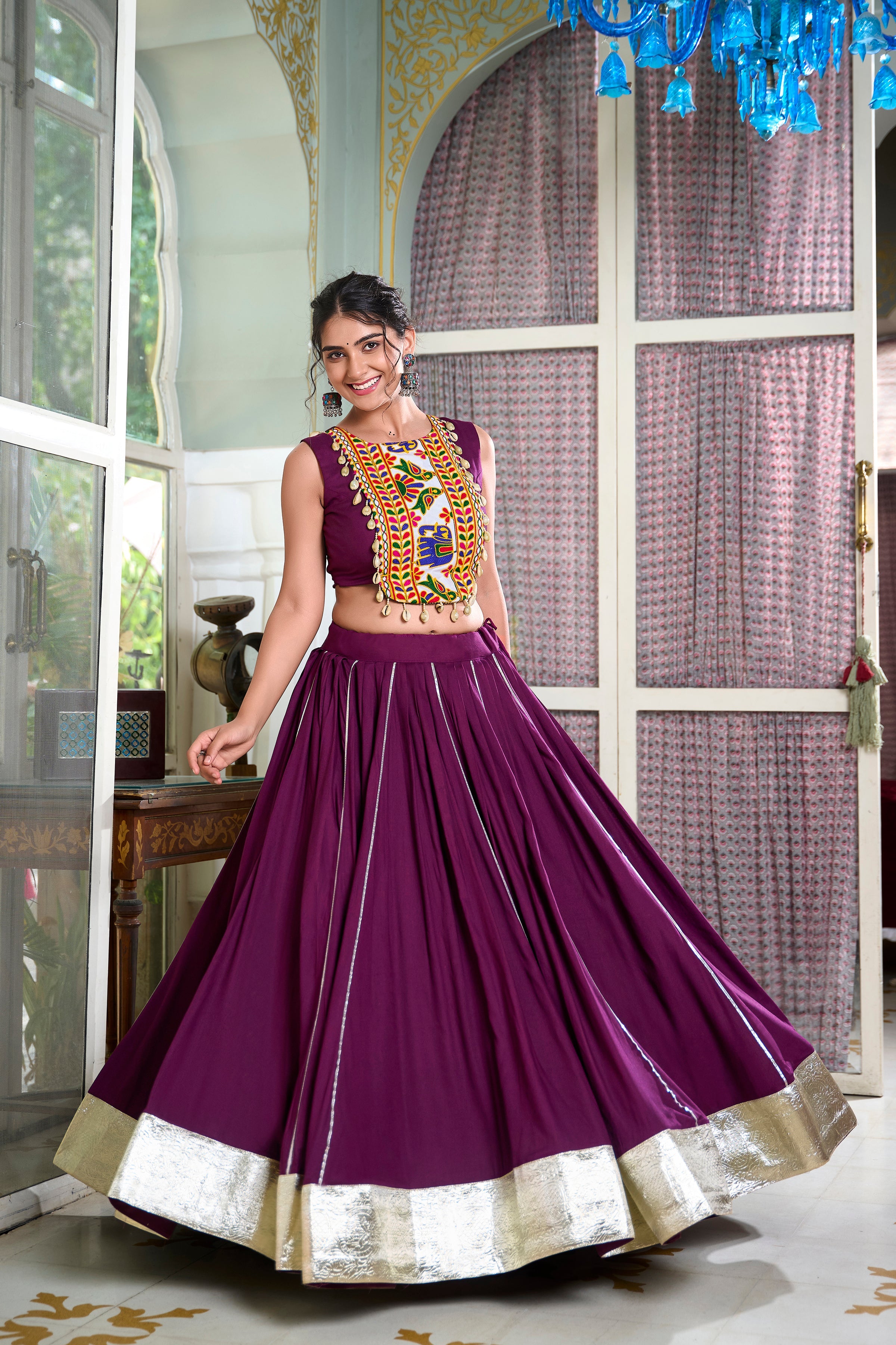 Lorenvalley Wine Rayon Plain And Lace Border With Gotta Patti Touch Up Lehenga Choli | Grocsy
